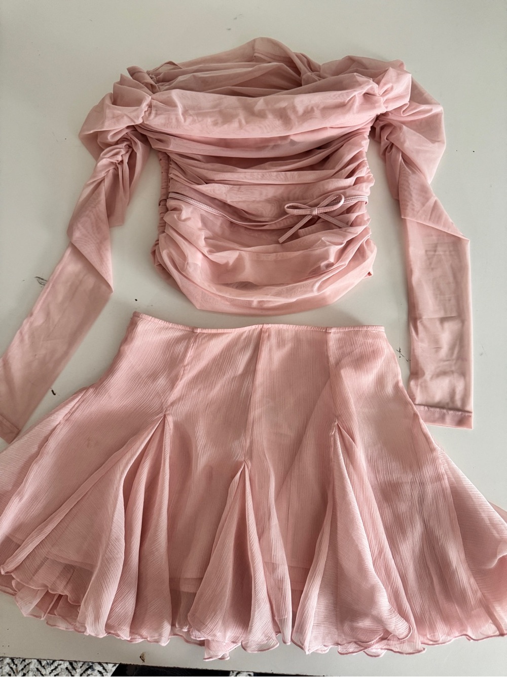 NANA JACQUELINE Off-Shoulder Mesh Ruched long sleeve top paired with Mini Skirt!